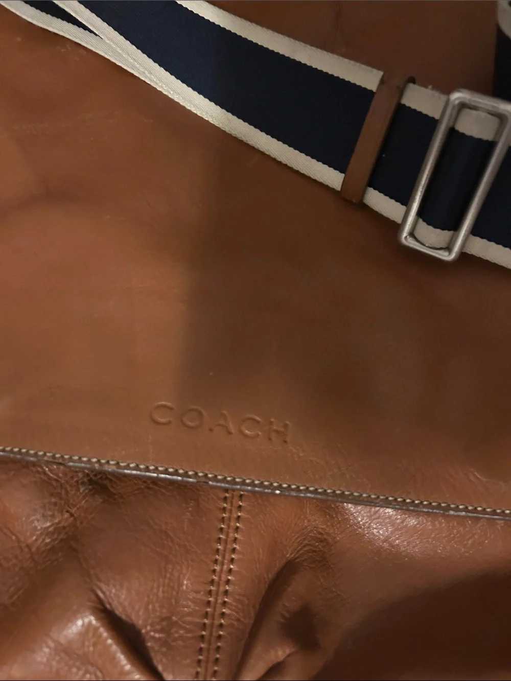 Coach Brown Leather Messenger Bag with Navy-and-Cream Web Strap